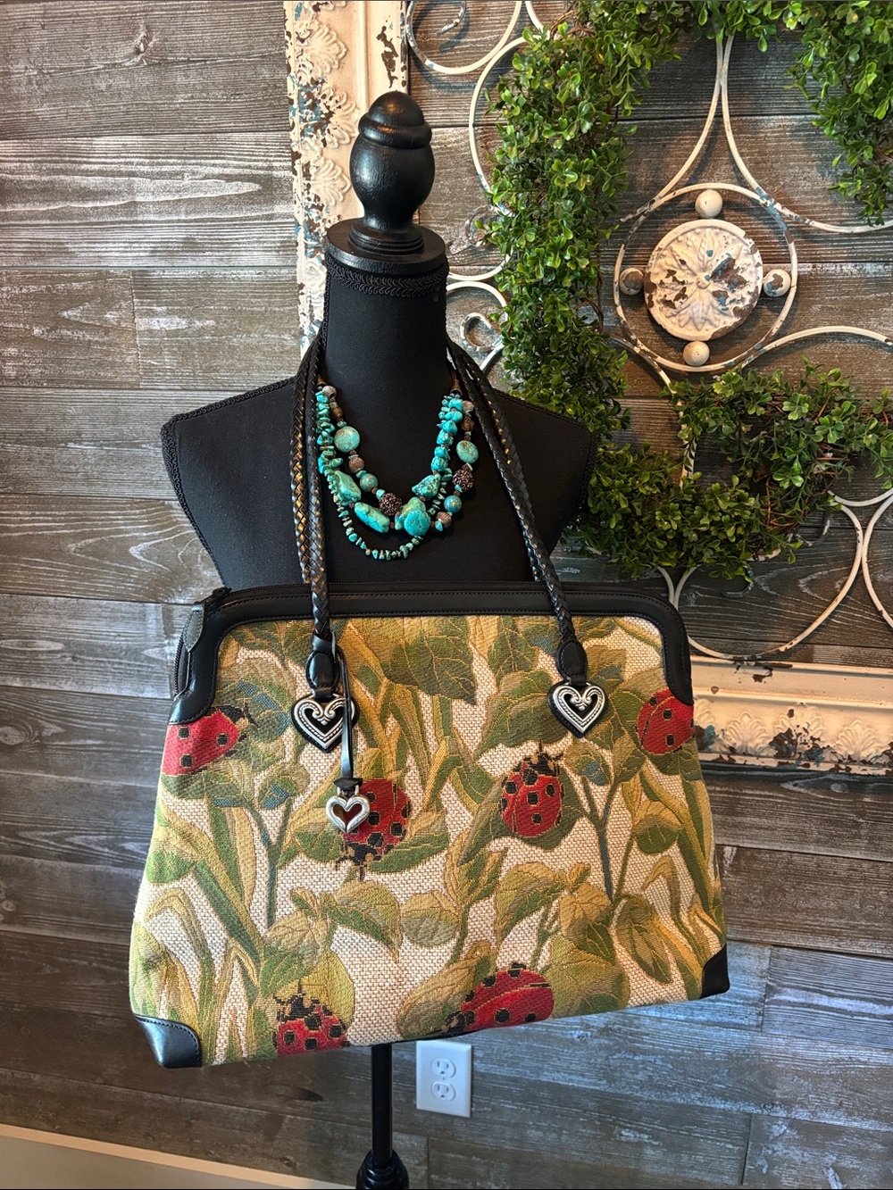 Brighton Ladybug Garden Tapestry Tote Bag in Green and Red